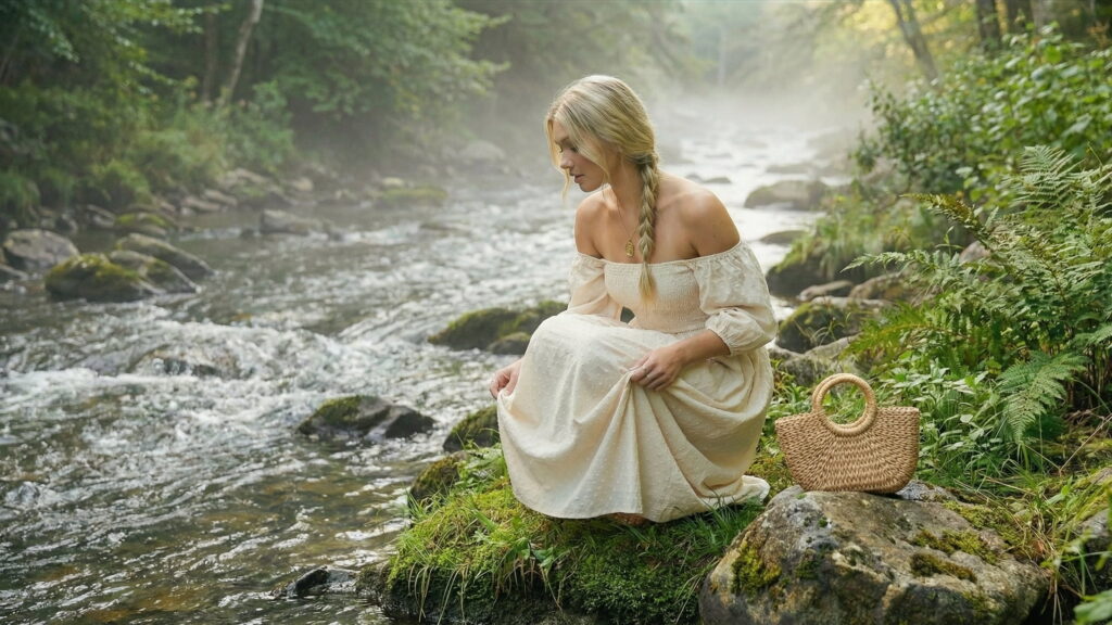 A girl by the river in a linen dress with a wicker handbag.